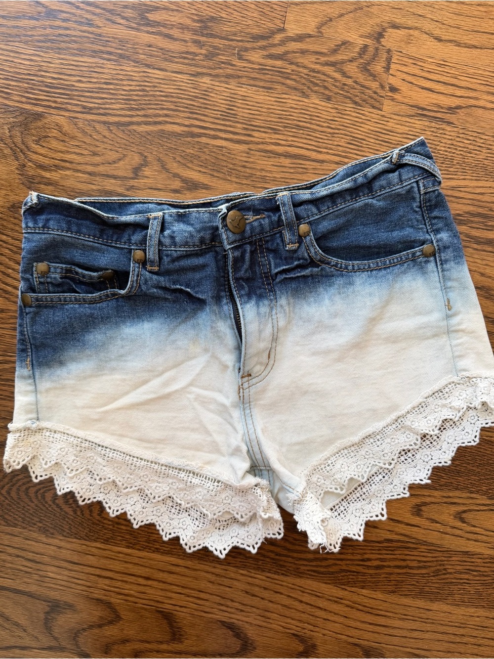 Free People Ombre Denim Lace Trim Shorts - Blue White Tie Dye